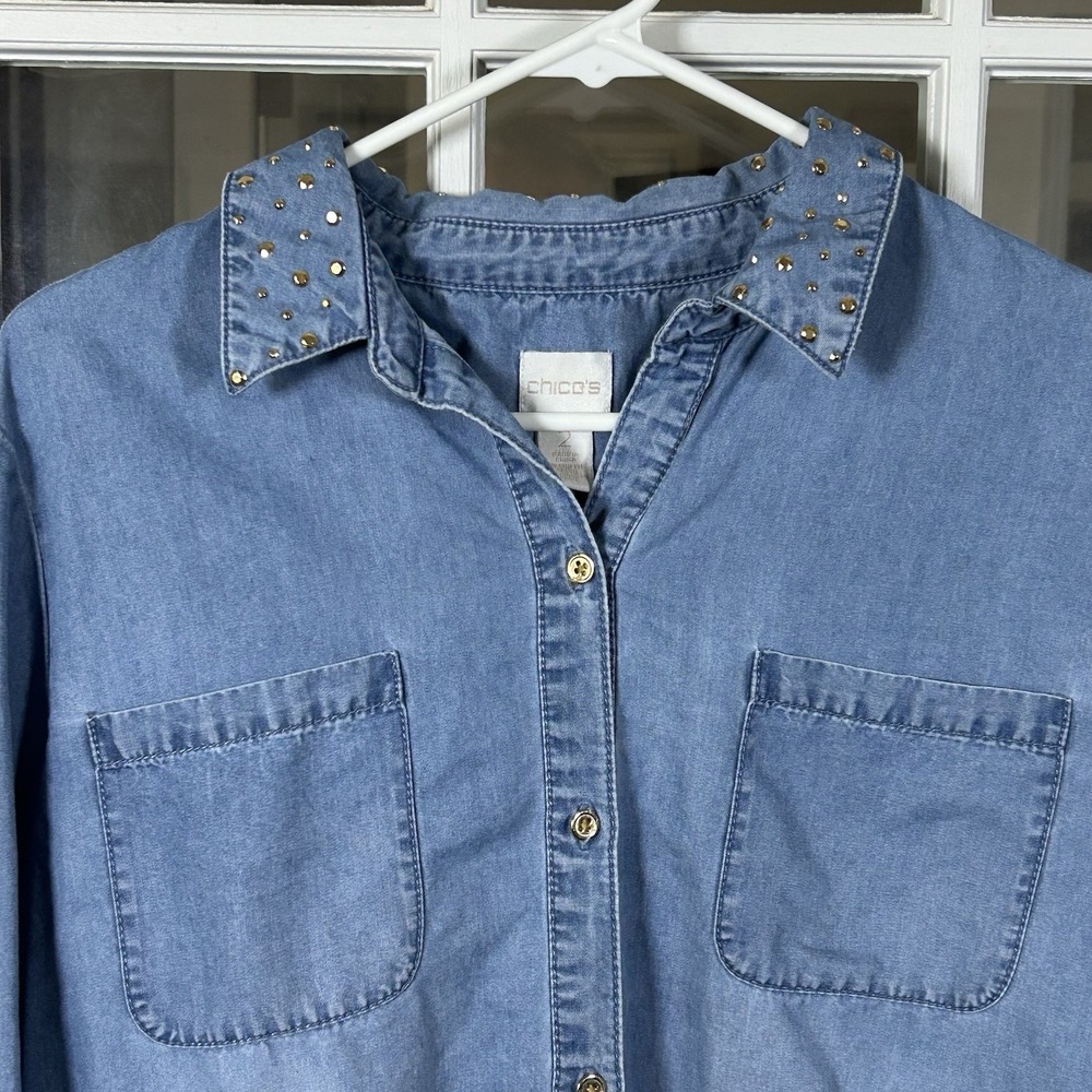 Chicos Gold Studded Collar Chambray Denim Button Down Shirt Tencel Size 2 (L) - Picture 4 of 12